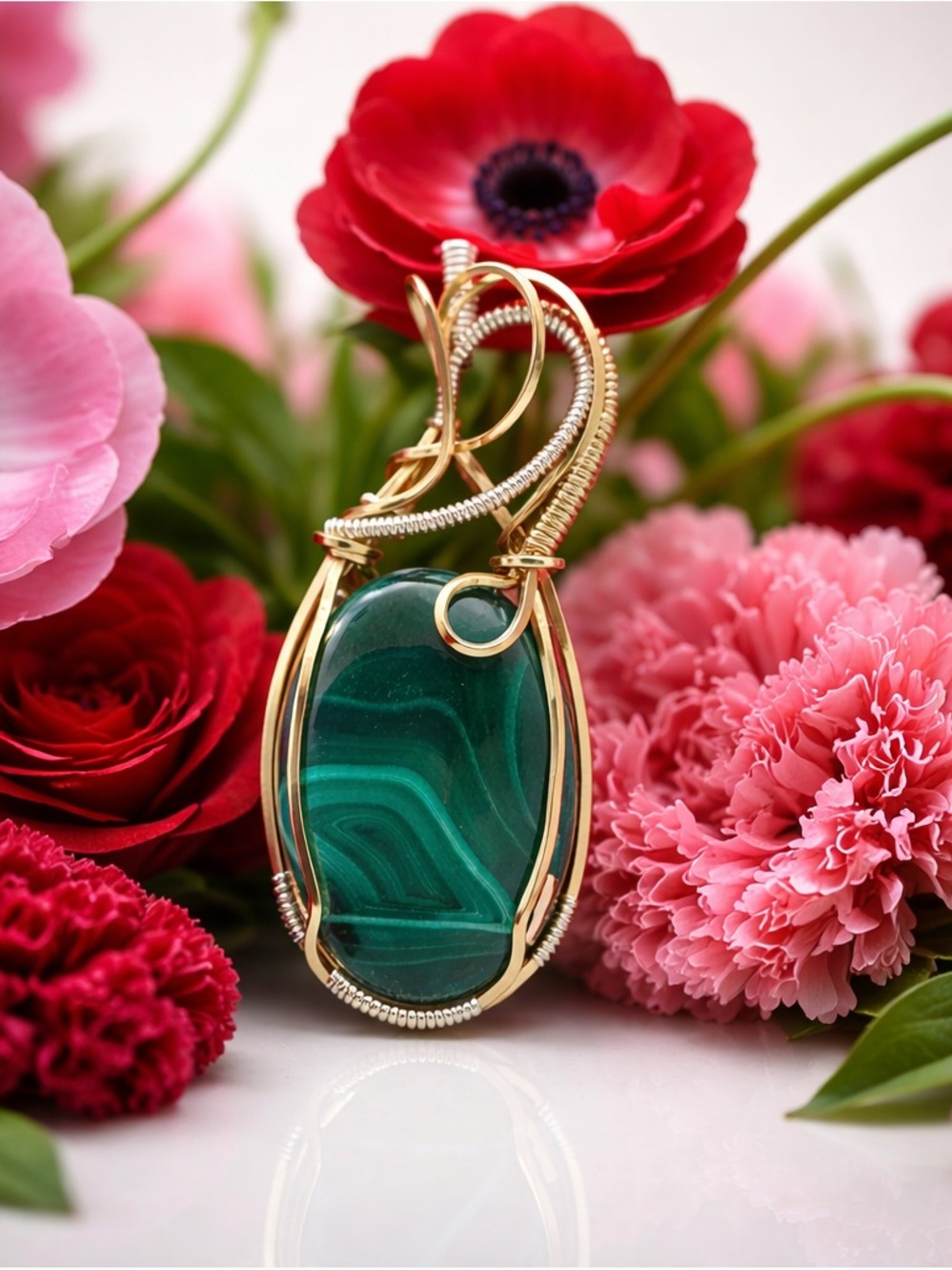 Green Malachite Wire-Wrapped Pendant Necklace - Gold Tone